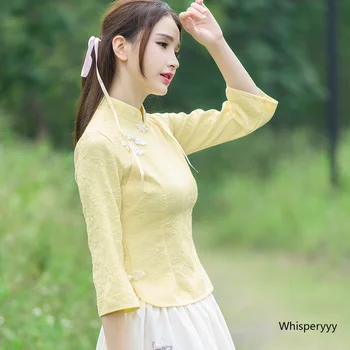 Весенне-летний Китайский топ Чонсам Элегантная рубашка Мода Национальный Стиль Женщины Винтажный Женский Костюм Тан Тонкая Повседневная Блузка