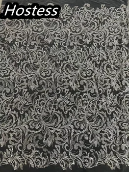 Новейшая европейская высококачественная современная вышивка сетчатое кружево Блестящие пайетки Вышивка Тюлевое кружево с бисером Ткань для вечернего платья