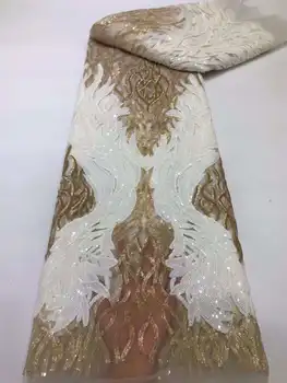 Африканская высококачественная кружевная ткань 2023 Белое золото Французская сетка Блестки Ткань Для Шитья Вышитое Кружево Тюль Нигерийская ткань 5 ярдов