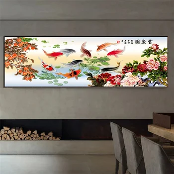 5D DIY Китайский абстрактный пейзаж с девятью кои большого размера животное с бриллиантами, расписанная вышивкой крестом Мозаика настенное художественное украшение WE756