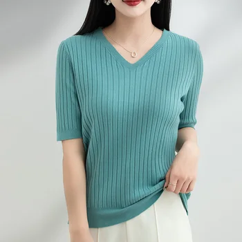 Новый летний модный женский свитер в вертикальную полоску, футболка, пуловер с коротким рукавом и V-образным вырезом, футболки, Корейские повседневные трикотажные топы