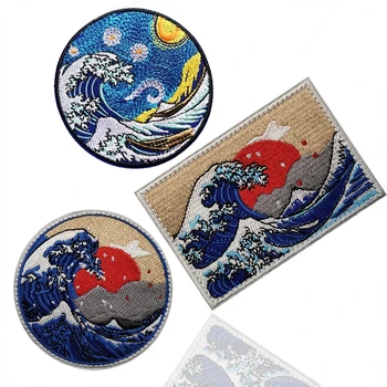 Нашивка с вышивкой Канагава, Япония, значок с морской волной, Вышитое Звездное небо Ван Гога, Швейная аппликация, Декоративная наклейка для одежды