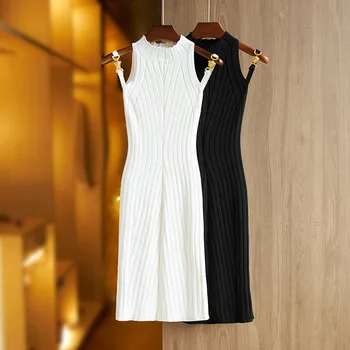 Модное женское Белое черное трикотажное цельное платье средней длины с круглым вырезом, тонкое вечернее платье без рукавов, женская повседневная юбка-футляр