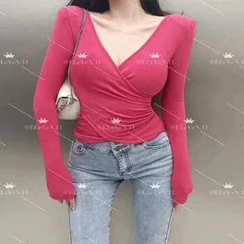 YingShiTongT-Рубашка Sexy Cross Fold С V-образным вырезом И длинным рукавом Для Женщин Cultivate One's Morality Show Тонкая Верхняя одежда Без подкладки