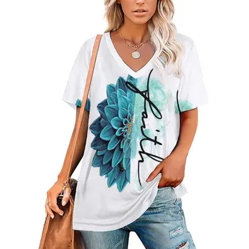 Летняя женская новая футболка с коротким рукавом и принтом Dahlia Art, женская футболка с V-образным вырезом Y2k