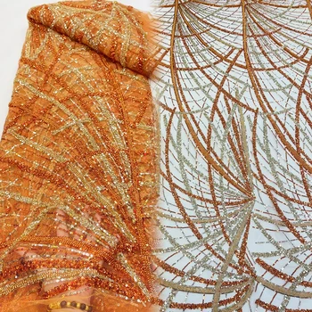 Новейшая оранжево-золотая вышивка, блестки, Тяжелая кружевная ткань из бисера 2023, Высококачественный французский тюль, Свадебное кружево для платья
