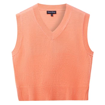Классический Оранжевый Женский 2023 Вязаный свитер, пуловер с V-образным вырезом без рукавов, весенне-осенний шерстяной жилет для девочек, вязаный крючком жилет