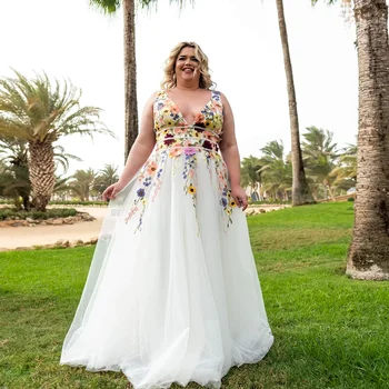 2023 Свадебное платье с глубоким V-образным вырезом, яркие цветы, аппликация на бретельках-спагетти, свадебное платье на шнуровке, Vestidos De Noiva большого размера.