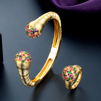 Zlxgirl Высококачественный Женский золотой браслет в форме шара из разноцветного циркона с кольцом, ювелирный набор из африканских золотых бусин, браслет anel