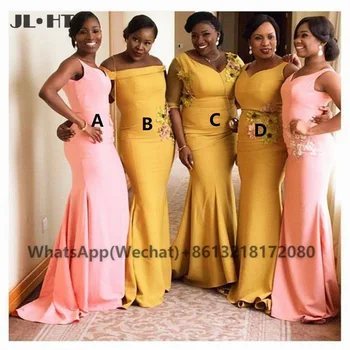 2021 Русалка Африканская Свадебная вечеринка Платья Подружек Невесты Длинные Цветочные Аппликации Черное Платье Подружки Невесты Для девочек