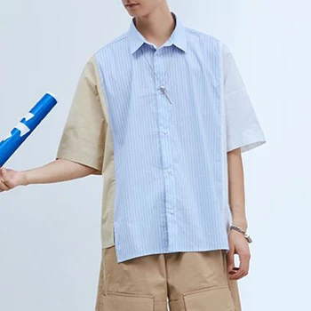 Cityboy Японская Рубашка Поло в синюю полоску, Мужская Летняя Новая Свободная Футболка с короткими рукавами Design Sense, Нишевый Нерегулярный Топ С сращиванием
