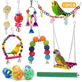 13 шт./компл., набор игрушек для попугая-попугайчика, Несколько цветов, устойчивый к укусам, Натуральный качающийся мяч, Колокольчик, Аксессуары для домашних птиц