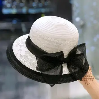 Модная шляпа рыбака из сетчатой пряжи, женская винтажная шляпа Hepburn wind, цветная шляпа в стиле пэчворк, элегантный козырек с бантом