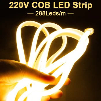 220V COB LED Strip Light 288 Светодиодов/M 3000K-6000K Мягкая Гибкая Лента Light IP65 Водонепроницаемый Штекер EU для Украшения Домашнего Освещения