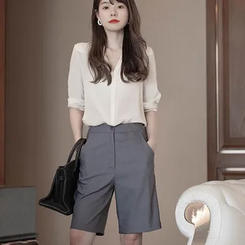 Летние шорты 2023, женские модные офисные женские рабочие серые строгие костюмы, короткие брюки, женские повседневные деловые прямые брюки 반바지