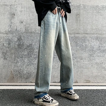 Y2K весна лето новый американский стиль Хай-стрит, ретро всплеск чернил джинсы мужская мода прямой ногой персонализированные брюки грубый подол