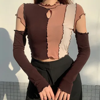 Панк Y2K Кроп-топы, Готическая уличная футболка, Женская сращивающая Женская Летняя Открытая футболка с длинным рукавом 2023, Корейская сексуальная облегающая одежда