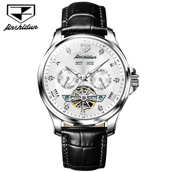 JSDUN Автоматические механические часы для мужчин, роскошный бренд, кожаный ремешок, водонепроницаемый маховик, скелет, модные деловые мужские наручные часы