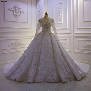 Свадебное платье с длинным рукавом, расшитое бисером, с высоким воротом AM1348