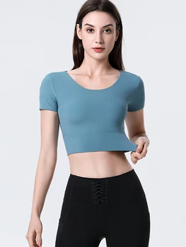 Рубашки для йоги, женская модная сексуальная футболка, спортивный укороченный топ с короткими рукавами, женский темпераментный топ для йоги, накидка на грудь, одежда для бега
