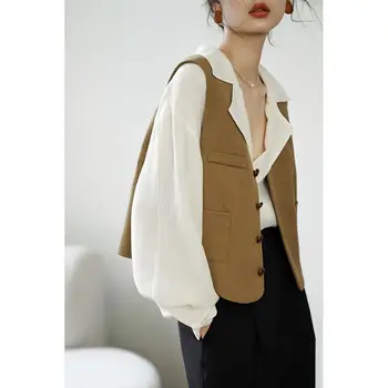 Женская Корейская мода, укороченный жилет с пуговицами спереди, Винтажная Женская верхняя одежда без рукавов с V-образным вырезом, Шикарные топы Veste, Уличная одежда Q201