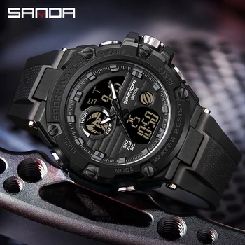 Мужские спортивные часы бренда SANDA с двойным дисплеем, Аналоговые Цифровые светодиодные Электронные кварцевые наручные часы, водонепроницаемые военные часы для улицы