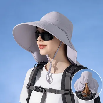Женская солнцезащитная шляпа с длинными широкими полями и конским хвостом, Летние пляжные кепки с защитой от ультрафиолета, Походная шляпа для рыбалки, Женская широкополая шляпа-ведро для защиты шеи
