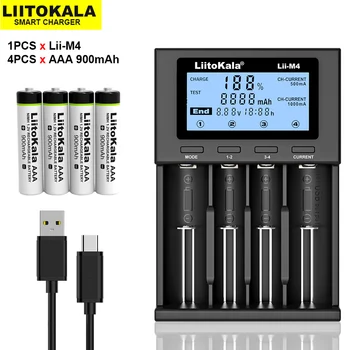Liitokala aaa nimh 900 мАч * 4 аккумуляторных батареи 1,2 В для игрушек, мышей, электронных весов и т.д. + зарядное устройство Li-M4