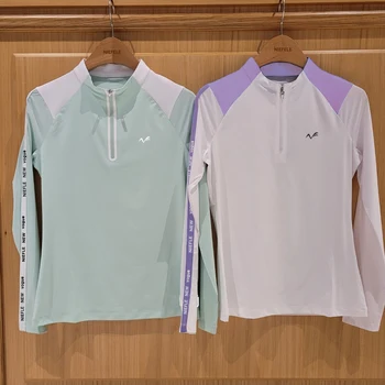 Женская одежда для гольфа 2023, футболка из ледяного шелка с длинным рукавом и наполовину высоким воротом на молнии, солнцезащитная эластичная прочная толстовка