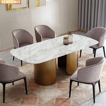 Дизайнерская роскошная столовая из мраморной плиты обеденный стол с 6 стульями mesa de jantar a manger Мраморное основание из нержавеющей стали и золота