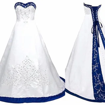 Королевское сине-белое свадебное платье трапециевидной формы Princess с атласной шнуровкой сзади и придворным шлейфом Длинных свадебных платьев