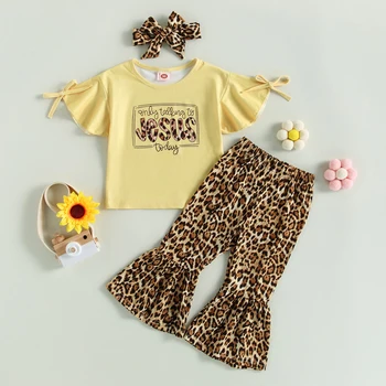 мама и малыш от 1 до 6 лет, комплект одежды для маленьких девочек, топы с оборками и буквами, Леопардовые расклешенные брюки, повязка на голову D06