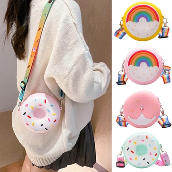 Сумка через плечо с круглым пончиком для девочки, детская сумка через плечо с регулируемым ремнем, карманная упаковка с радужным принтом для путешествий