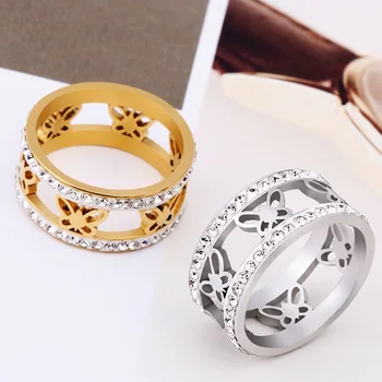 2023 Кольцо с кристаллами из нержавеющей стали с бабочкой для женщины, девушки, для мужчин, пара, полое обручальное кольцо