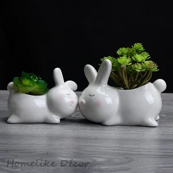 Набор из 2 предметов, керамический цветочный горшок в форме кролика, мини-кролик, фарфоровый цветочный горшок для украшения рабочего стола, дома и сада
