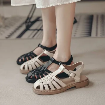 Лето 2023, женские дышащие сандалии в стиле ретро, пляжная обувь на плоской подошве, дышащая элегантная модная женская обувь на низком каблуке больших размеров