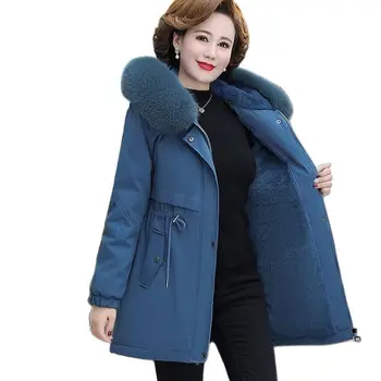Зимняя куртка для женщин среднего возраста 2023, новые парки с капюшоном на шерстяной подкладке, толстая теплая бархатная куртка с хлопковой подкладкой, женская верхняя одежда 5XL