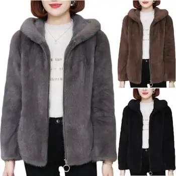 Зимняя женская куртка, однотонные женские плюшевые пальто большого размера, женские флисовые куртки с капюшоном на молнии с длинным рукавом, женское модное пальто