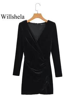 Willshela Женское модное бархатное черное плиссированное мини-платье на молнии сзади, винтажное платье с V-образным вырезом и длинными рукавами, Шикарные женские платья