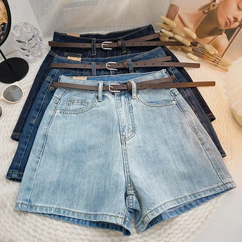 Женские джинсовые шорты Летние Синие Прямые Повседневные Короткие брюки в Корейском стиле, однотонные джинсы с поясом