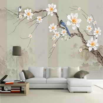Простой пейзаж в китайском стиле Цветы Птицы Обои Светлый Роскошный фон Настенные фрески Обои для гостиной