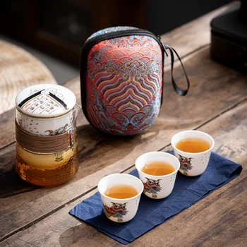 Наружный анти-обжигающий стеклянный чайный сервиз quick cup портативный дорожный чайный сервиз кунг-фу на 3 персоны, керамический чайник, один горшок и три чашки