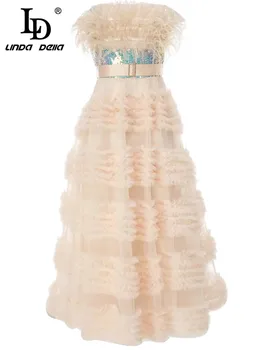 Модное летнее платье LD LINDA DELLA для подиума, женское розовое сетчатое платье трапециевидной формы с пайетками, длинное клубное платье для вечеринки, сексуальное платье без бретелек