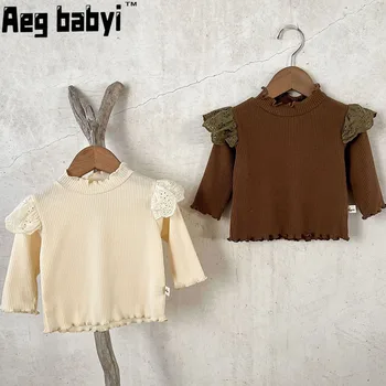 Одежда для маленьких девочек, топы, Весенняя новая детская блузка с цветочным рисунком, кружевная футболка с длинным рукавом, одежда для новорожденных