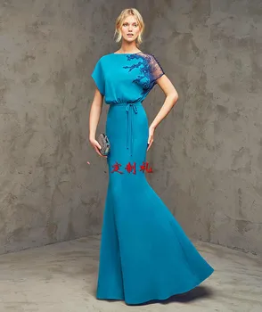новая сексуальная русалка, голубая кепка, рукав, кружевные аппликации, пуговицы, праздничное платье 2015, вечернее элегантное платье, вечерние платья