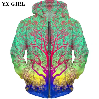 Прямая поставка YX GIRL, осень 2018, новая модная толстовка с капюшоном на молнии, зеленая звезда, путешествие, дерево, 3D принт, мужская и женская куртка с капюшоном