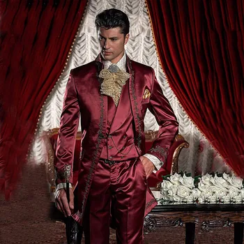 Винно-красный Бордовый Атласный мужской костюм с воротником-стойкой В винтажном итальянском стиле, Вечерние Смокинги, Свадебные костюмы для мужчин, Костюм Homme Mariage
