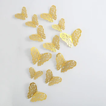 12шт полых настенных наклеек с бабочками 3D Наклейки Shiler Gold для холодильника Свадебный декор Гостиная Украшения для дома