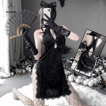 SENMHS, Китайское Традиционное колье Чонсам, Сексуальное женское белье, открытое платье Чи Пао, Кружевная форма, Черное бархатное платье с высоким разрезом.