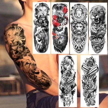 Свирепый Лев, временные татуировки в стиле милитари, реалистичная поддельная татуировка на всю руку, темноугольный пистолет, роза, татуировка с длинным рукавом, наклейка для женщин и мужчин